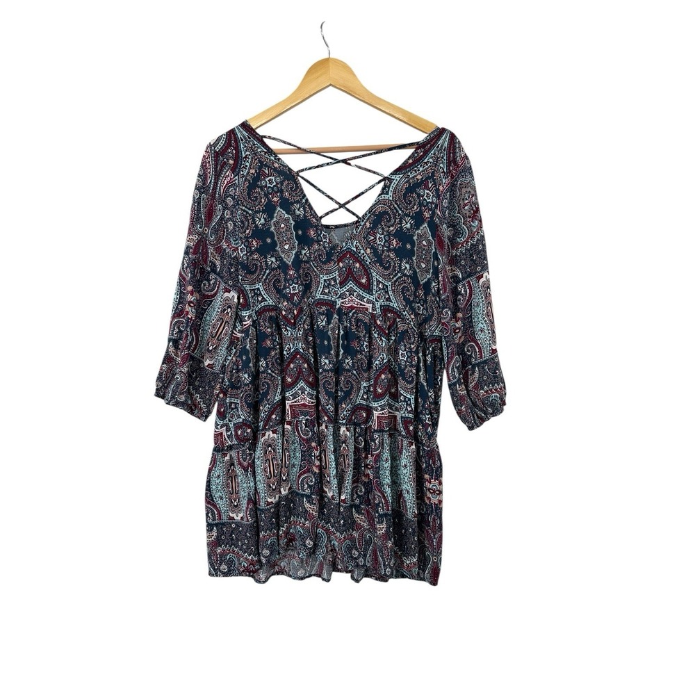 Umgee Top Shirt Blouse Womens L Paisley Boho Peasant Hippie Eclectic Flowy Retro - Picture 2 of 8